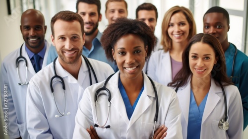 Diverse group of medical professionals, smiling and confident.