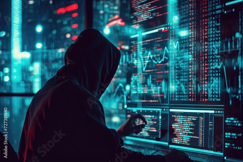 A person is seen sitting at a desk, focused on a computer screen, engaged in their work, A hacker breaking into an impenetrable fortress of code, AI Generated