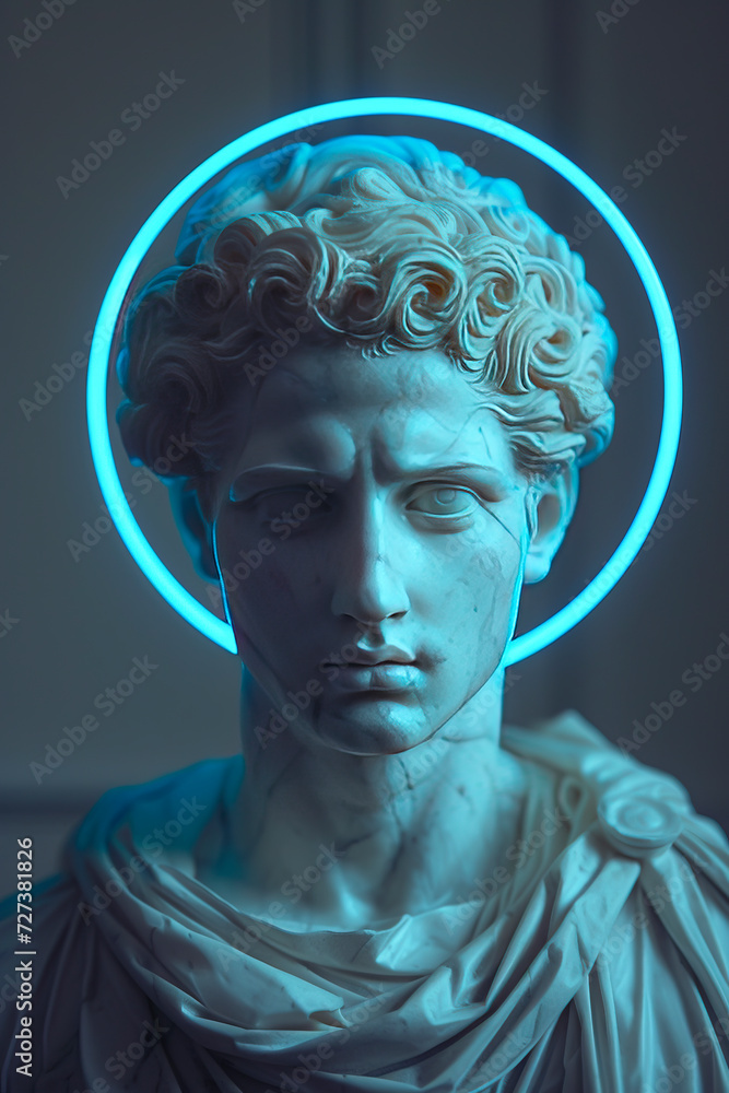 Obraz premium Classical Sculpture Meets Futuristic Vision created with Generative AI technology