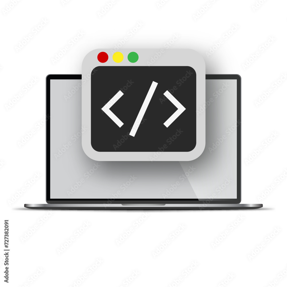 computer software with programming coding text application window on laptop screen, flat vector illustration