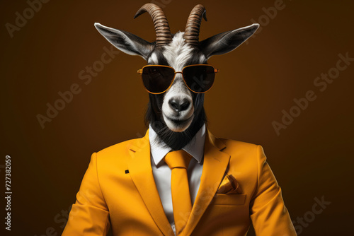 Trendy goat sporting sunglasses and a snazzy yellow blazer over a brown background.
