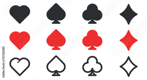 Card icons. pikes,spades,clovers,hearts,tiles,diamonds. Vector illustration.