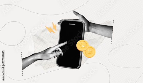 Trendy Halftone Collage Hand with Phone and Floating Coins. Payment concept. Financial planning. Save money. Earn and pay. Metaphor composition. Paper cut out design. Vector contemporary art