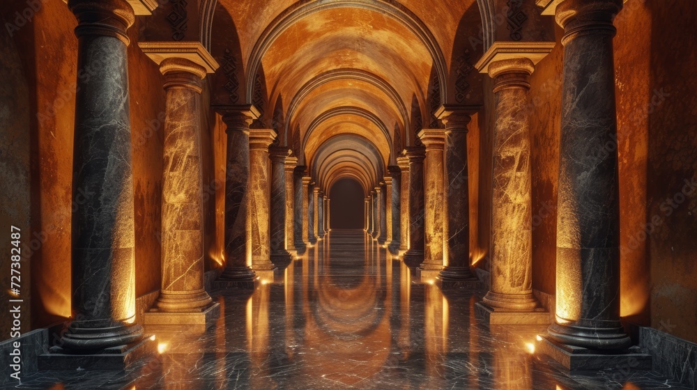 Naklejka premium A maze of arches and columns, reminiscent of ancient Roman architecture, set in dramatic lighting.