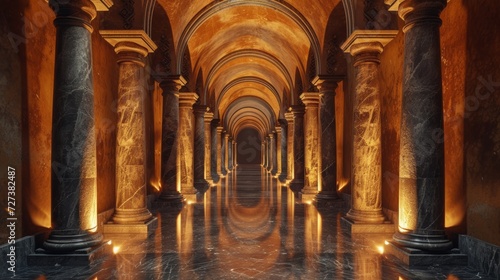 A maze of arches and columns, reminiscent of ancient Roman architecture, set in dramatic lighting.
