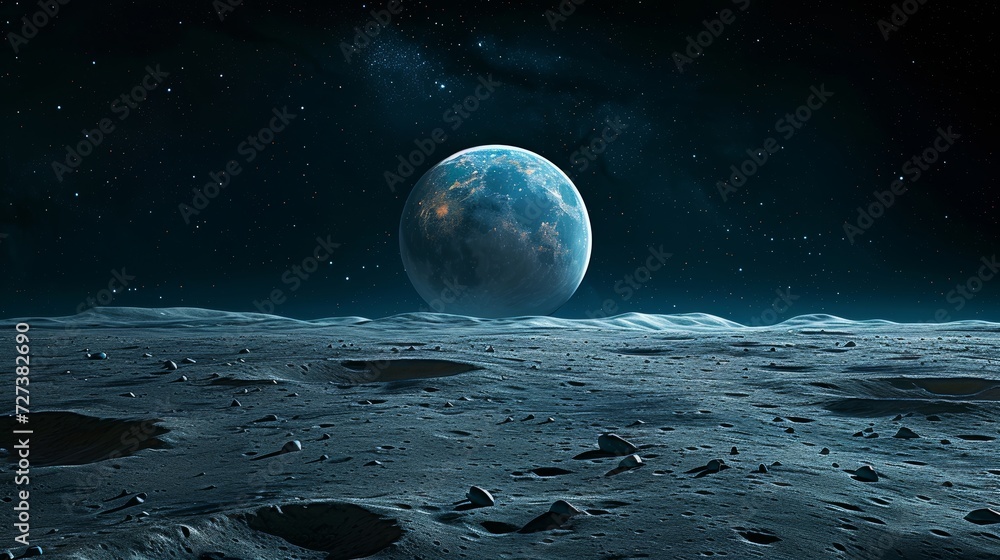 A lunar landscape, with the moon's barren surface and distant Earthrise. - obrazy, fototapety, plakaty 