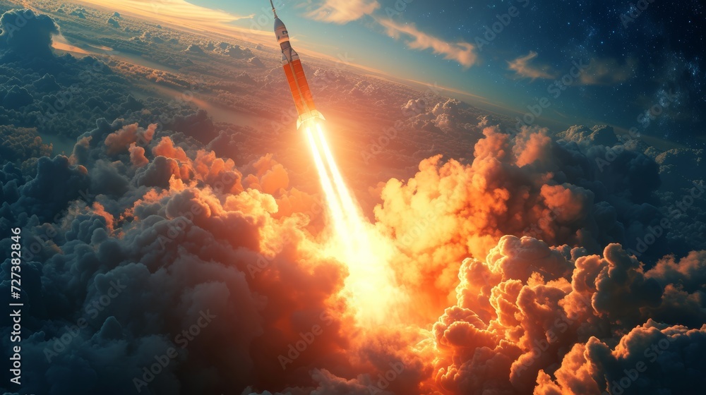 A space launch, with flames and plumes of smoke propelling a rocket into the heavens.