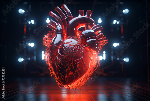 A red heart with glowing eyes and a glowing heart , electronic heart beats, Neon-lit human heart and pulse on a dark,blurry background photo
