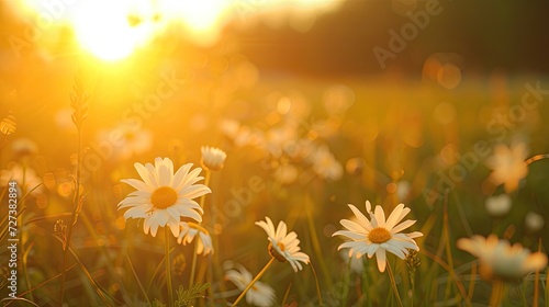 The landscape of white daisy blooms in a field  with the focus on the setting sun. The grassy meadow is blurred  creating a warm golden hour effect during sunset and sunrise