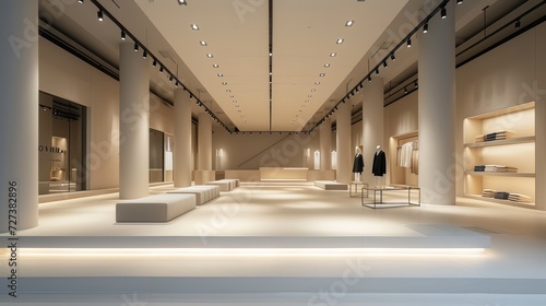 A minimalistic fashion showroom with spotlights highlighting elegant garments and accessories. © yganko