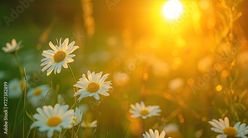 The landscape of white daisy blooms in a field, with the focus on the setting sun. The grassy meadow is blurred, creating a warm golden hour effect during sunset and sunrise