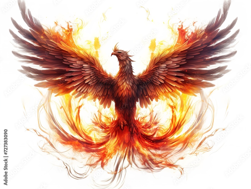 Obraz premium Phoenix Rising from Ashes Rebirth and Immortality Isolated on White Background AI Generated