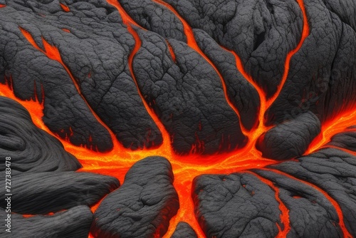 Volcanic lava with slippery slippery surfaces due to the intensity of the heat and the flames rising