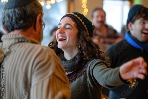 A diverse group of individuals standing closely together in a circle, engaging in conversation and socializing, A joyful Hanukkah celebration with music and dancing, AI Generated © Ifti Digital