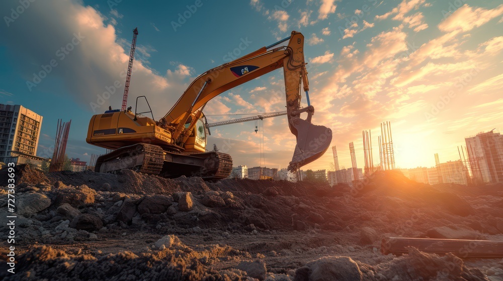 Heavy equipment excavator operating in a construction project area. Heavy equipment excavator operating in a construction project area.
