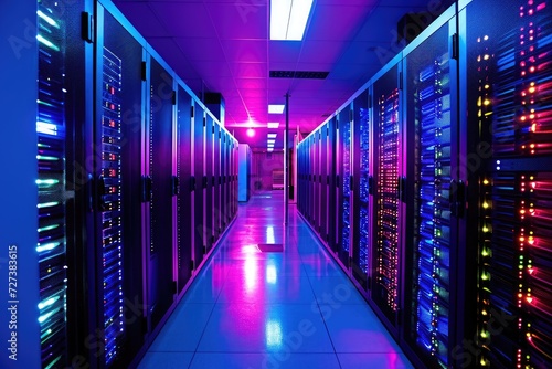 Long Hallway With Rows of Servers in a Data Center, A large data center with rows of servers illuminated in cool-colored lights, AI Generated