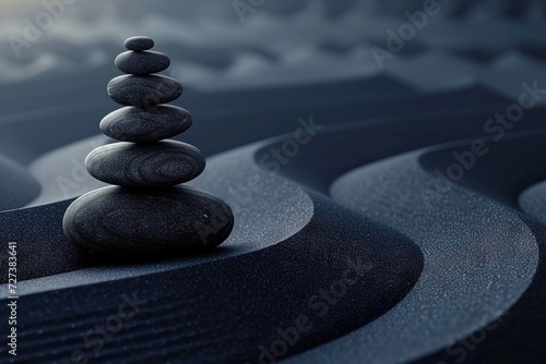 A serene and simplistic scene of nature's balance, with a stack of rocks resting atop the soft grains of sand. photo