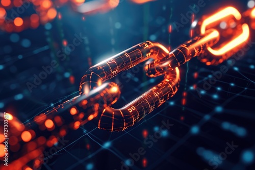 A chain is shown with glowing lights illuminating the background, A light tracing of cryptocurrency blockchains against a dimly lit background, AI Generated