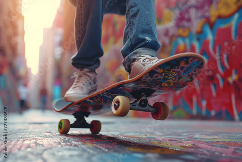 A skateboarder mid-air against a graffiti-covered wall, encapsulating the energy and rebellion of urban youth culture. Concept of street art and freedom. Generative Ai.