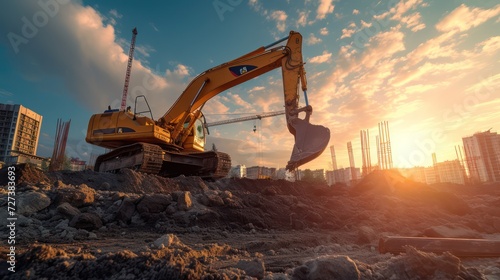Heavy equipment excavator operating in a construction project area. photo