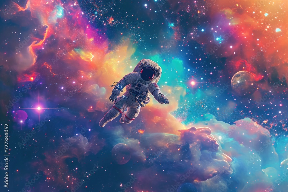 Astronaut Floating in the Sky Surrounded by Clouds and Stars, A lone astronaut floating in a colorful galaxy filled with stars and planets, AI Generated - obrazy, fototapety, plakaty 