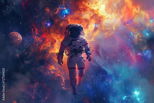 An image of a man wearing a space suit as he floats in the vast emptiness of space, A lone astronaut floating in a colorful galaxy filled with stars and planets, AI Generated © Ifti Digital