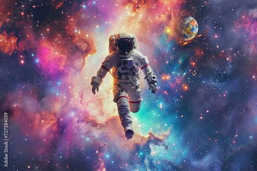 An astronaut floats weightlessly in the vast expanse of outer space, A lone astronaut floating in a colorful galaxy filled with stars and planets, AI Generated © Ifti Digital