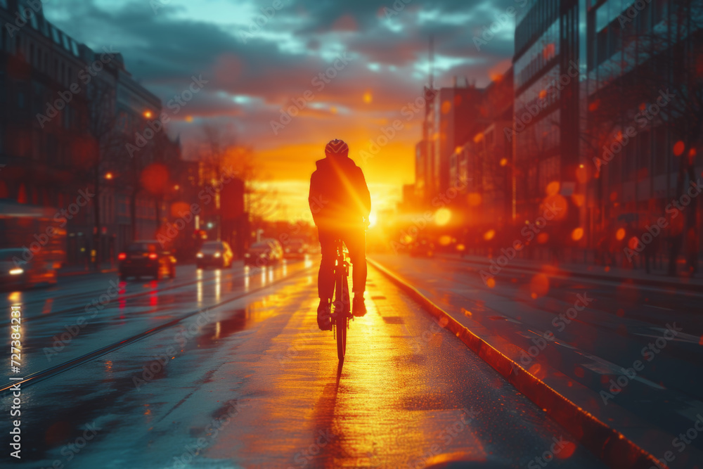 A silhouette of a cyclist navigating through a city's bike lane at sunset, promoting the idea of eco-friendly commuting. Concept of sustainable transportation. Generative Ai.