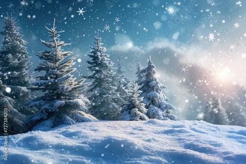 Wallpaper Mural A snowy landscape featuring trees covered in snow and delicate snowflakes falling from the sky, A magical snowy hillside with Christmas trees, AI Generated Torontodigital.ca