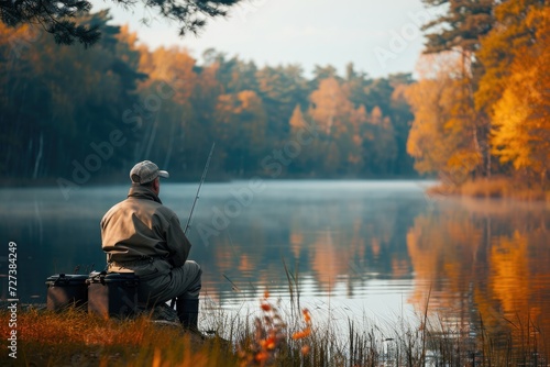 A man is sitting on a bench, actively fishing on a serene lake surrounded by trees and mountains, A man enjoying solitude while fishing at the lake, AI Generated
