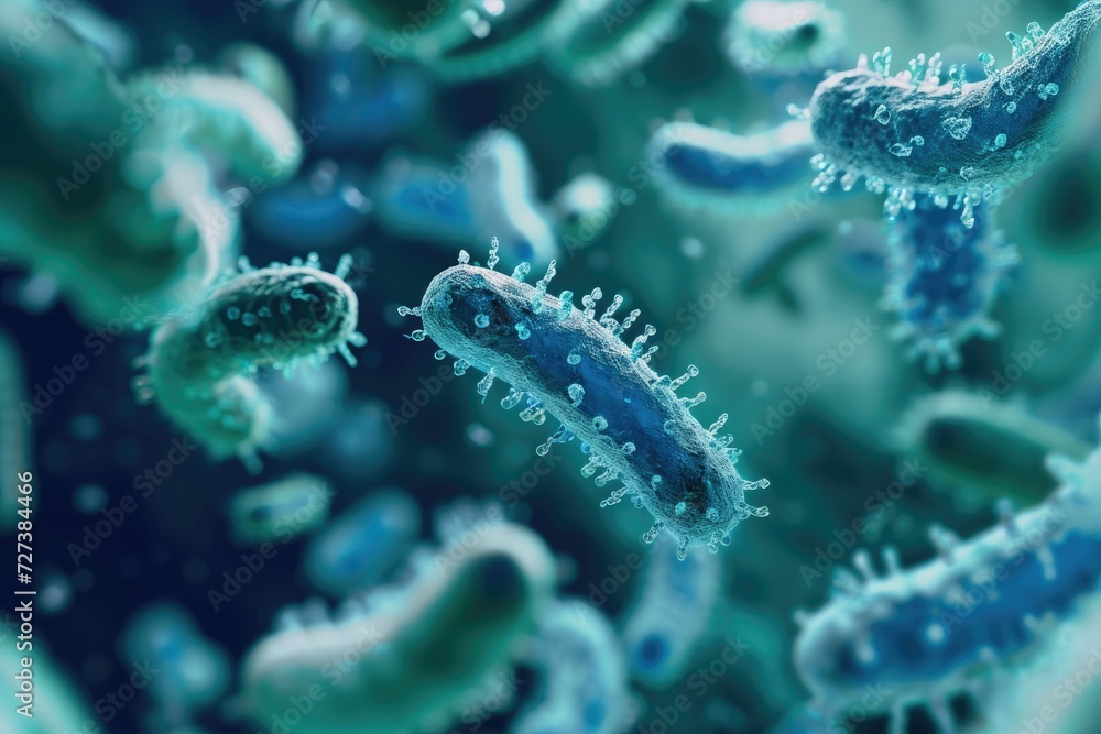 A group of blue and green algaes gently floating on the surface of the water, A microscopic view of bacteria, AI Generated A group of blue and green algaes gently floating on the surface of the water, A microscopic view of bacteria, AI Generated