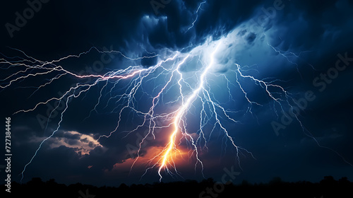 Roaring thunderstorm, shocking lightning shines in the dark sky