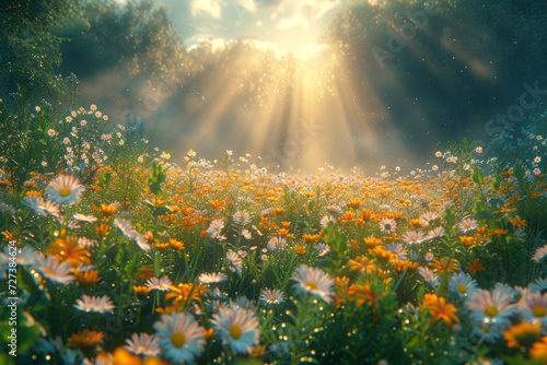 A sun-drenched meadow with wildflowers in full bloom, capturing the essence of springtime renewal. Concept of seasonal vibrancy and growth. Generative Ai. © Sebastian