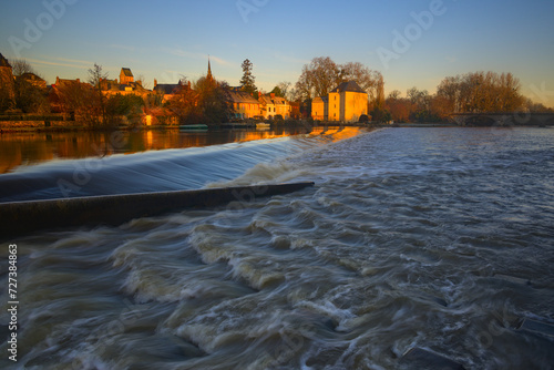 Parcé sur Sarthe dam and mill at sunrise