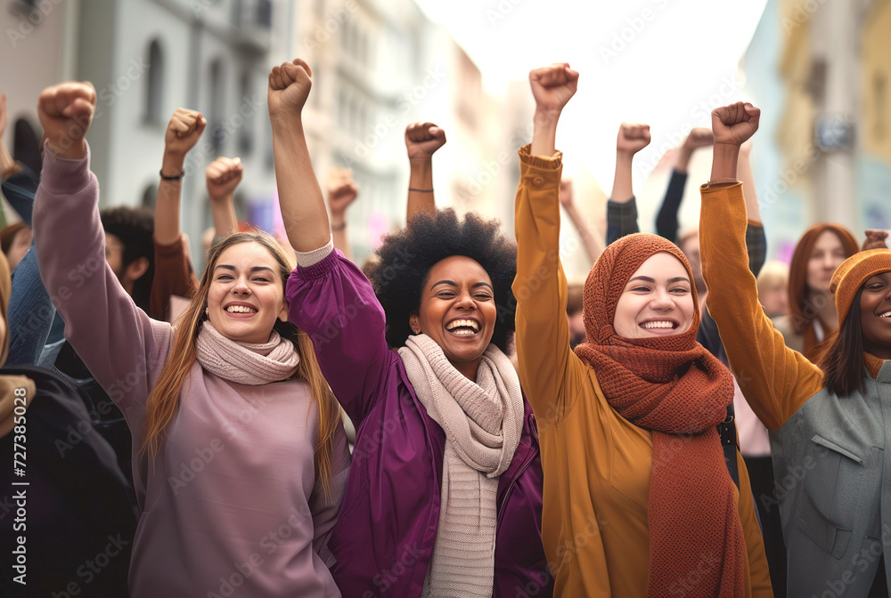 Multicultural group of women raising fists for International Womens Day. March 8 for feminism, independence, freedom, empowerment, and activism for women rights - obrazy, fototapety, plakaty 