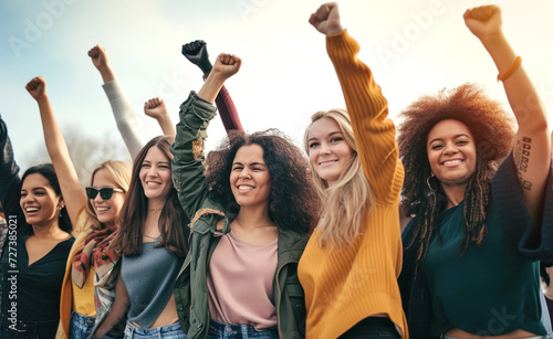A group of women raising fists for International Womens Day and the empowerment of women. March 8 for feminism, independence, freedom and activism for women rights