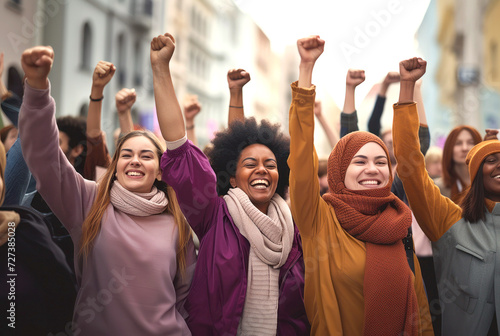 Multicultural group of women raising fists for International Womens Day. March 8 for feminism, independence, freedom, empowerment, and activism for women rights © AdriaVidal