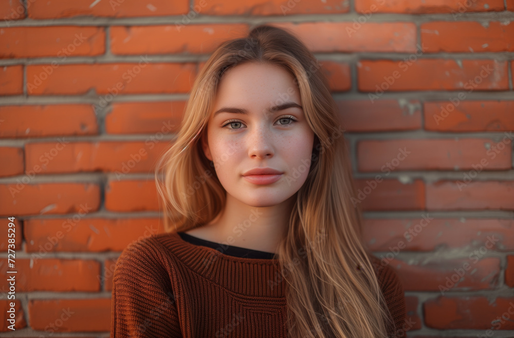 Serene young woman with flowing hair and freckles in front of an orange brick wall, radiating a calm and natural elegance. Serene young woman with flowing hair and freckles in front of an orange brick wall, radiating a calm and natural elegance.