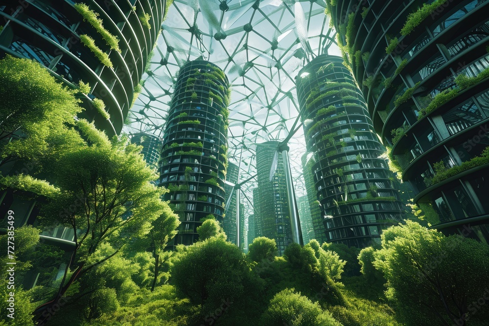 A striking image showcasing a collection of towering buildings surrounded by a lush green canopy of trees, A nanotechnology-powered green energy solution, AI Generated - obrazy, fototapety, plakaty 