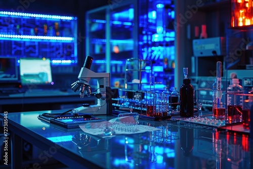 A Lab Filled With a Variety of Laboratory Equipment, A nanomedicine laboratory with tiny devices and substances visible, AI Generated © Ifti Digital