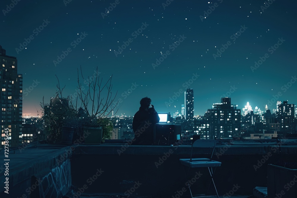 A person sitting on a roof, looking up at the night sky filled with stars, A night scene of a lone podcaster broadcasting from a rooftop, AI Generated