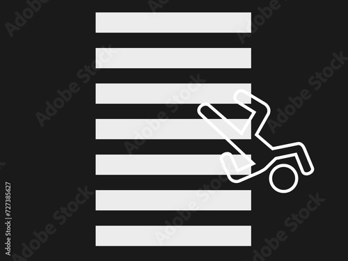 Chalk outline on pedestrian crossing and crosswalk. Hit, run over and killing of man and human by car, auto and automobile. Deadly accident and crash. Vector illustration.