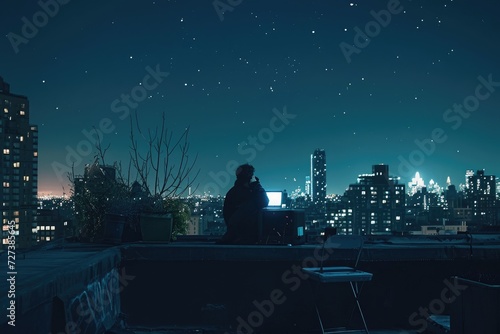 A person sitting on a roof, looking up at the night sky filled with stars, A night scene of a lone podcaster broadcasting from a rooftop, AI Generated