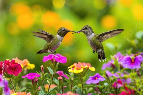 A couple of birds gracefully fly above a vibrant field filled with an assortment of flowers, A pair of hummingbirds sipping nectar from blooming flowers, AI Generated © Ifti Digital
