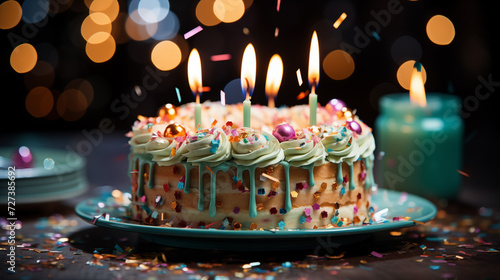 Colored birthday cake with different colored candles. Colored lights and confetti