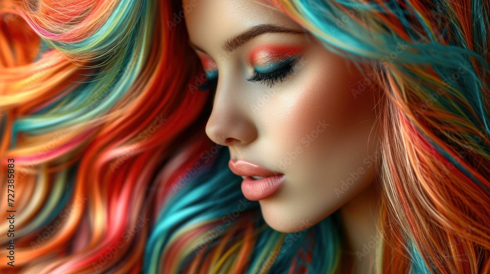 Beautiful woman with colorful hair. Generative AI.