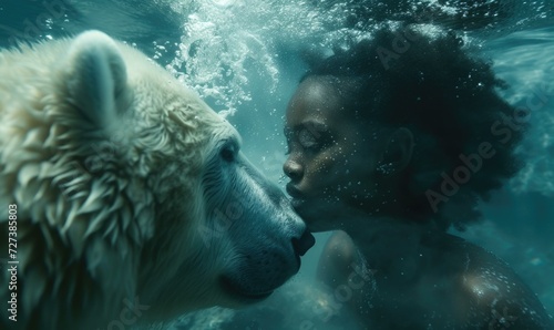A woman kissing a polar bear under water. Generative AI.