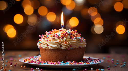 Colored birthday cake with different colored candles. Colored lights and confetti