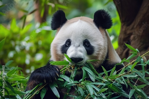 A panda bear is seen eating bamboo while perched on a tree branch  A panda munching on bamboo in a Chinese bamboo forest  AI Generated