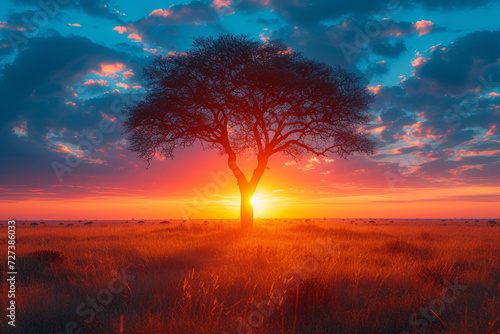 A vivid sunset over a savannah, casting warm hues across the grasslands and revealing the magical allure of twilight in the wild. Concept of the African wilderness. Generative Ai. photo